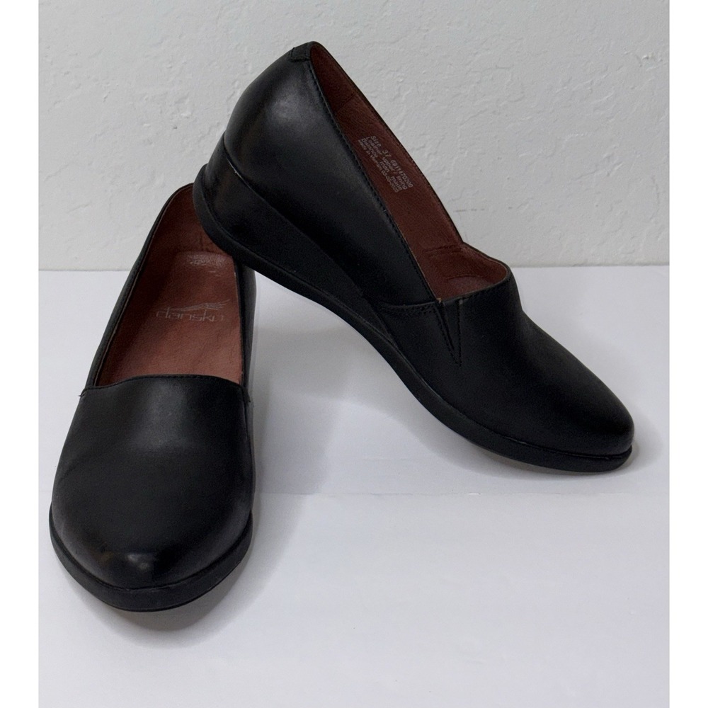 Dansko Shanda Slip On Shoes Women 37 US 6.5/7 Black Leather Comfort Wedge Loafer